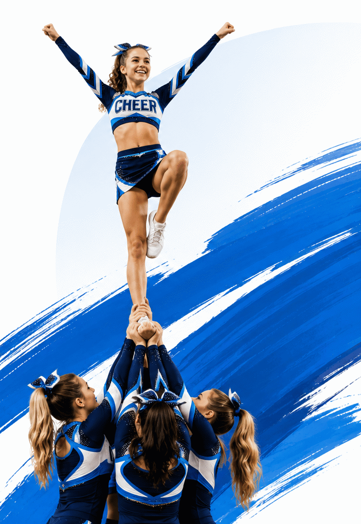 A flyer hits a liberty stunt at the top of a pyramid, supported by her stunt group, in a navy and blue uniform.